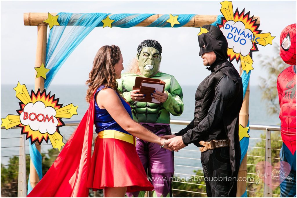 fiona and Tom March 2019 - Batman and Supergirl being married by Lynette Maguire marriage celebrant as The Hulk