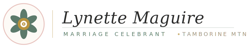 Brand logo for Lynette Maguire, Marriage Celebrant: circular floral icon, gold divider, and script-style name with small caps location text.